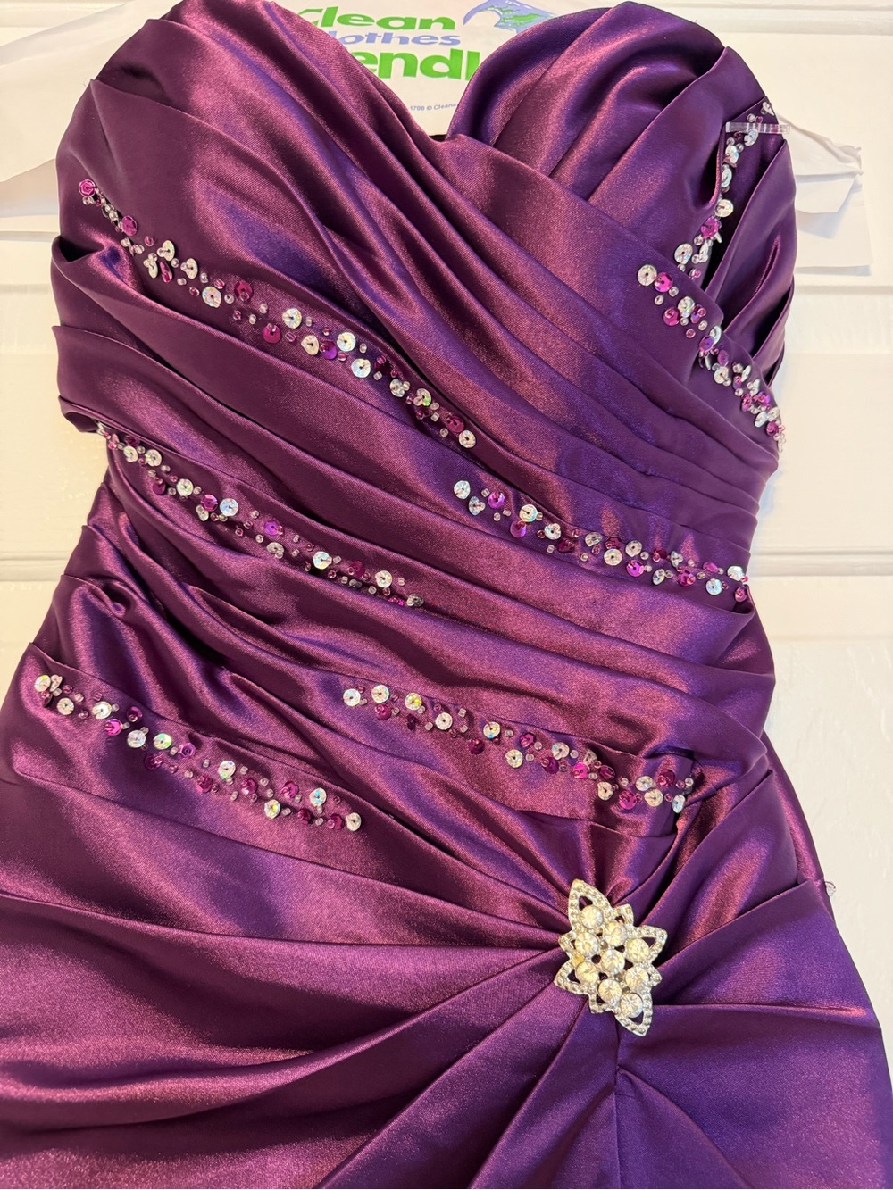 JJs House Purple Strapless Satin Evening Gown with Sequin and Rhinestone Accent